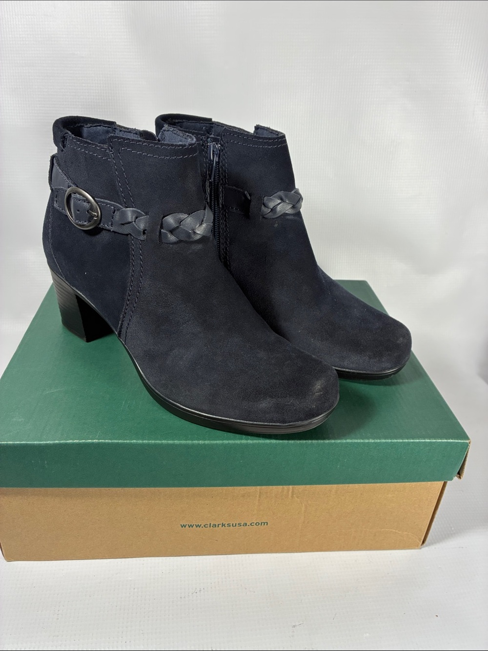 Clarks Women's Dark Navy Suede Ankle Booties with Braided Strap